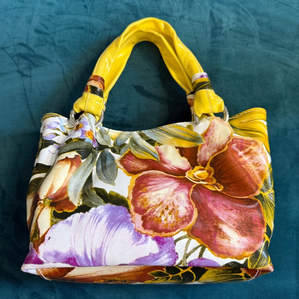Cecconi Piero Italian Floral Leather Handbag Yellow Purple White Mini Tote Bag - Picture 12 of 15